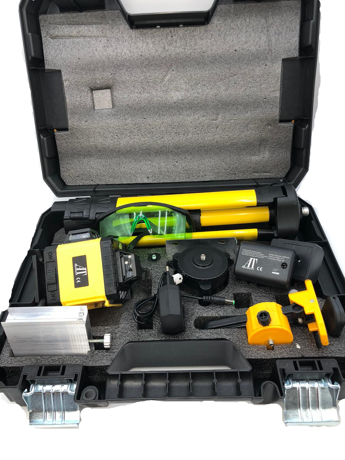 Nivel laser 4D cu 16 linii, AT PERFORMANCE®, 360°, Platforma de ridicare, cu autonivelare, Telecomanda, Lumina verde, Trepied 150 cm, Negru/GALBEN.